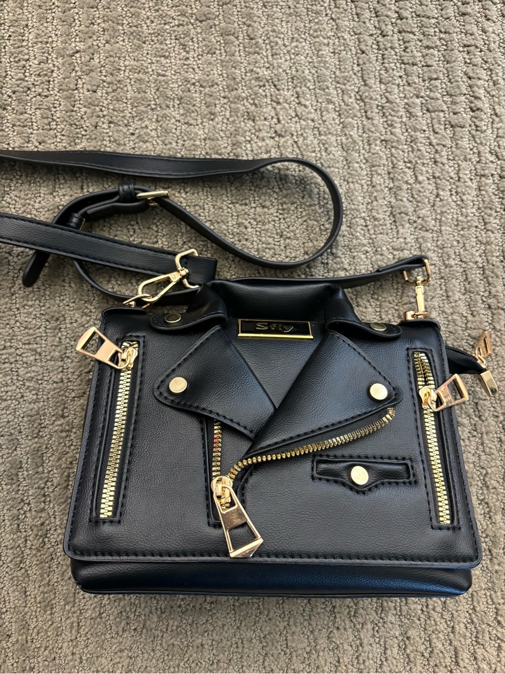 Black Leather-Style Crossbody Bag with Gold Hardware